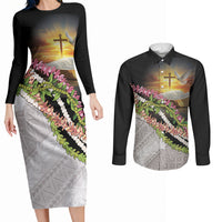 Hawaii Mokihana Mix Pikake Leis Mahalo 'Olelo Couples Matching Long Sleeve Bodycon Dress and Long Sleeve Button Shirt Black LT7 Black - Polynesian Pride