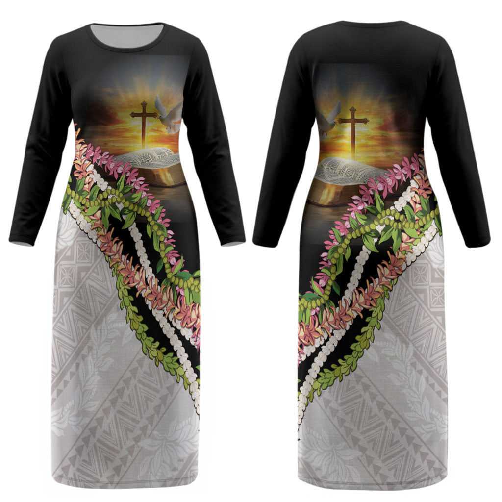 Hawaii Mokihana Mix Pikake Leis Mahalo 'Olelo Couples Matching Long Sleeve Bodycon Dress and Long Sleeve Button Shirt Black LT7 - Polynesian Pride