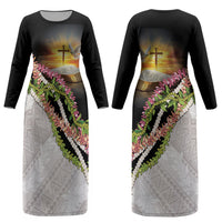 Hawaii Mokihana Mix Pikake Leis Mahalo 'Olelo Couples Matching Long Sleeve Bodycon Dress and Long Sleeve Button Shirt Black LT7 - Polynesian Pride
