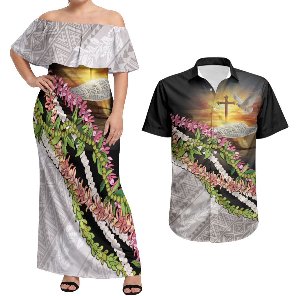 Hawaii Mokihana Mix Pikake Leis Mahalo 'Olelo Couples Matching Off Shoulder Maxi Dress and Hawaiian Shirt Black LT7 Black - Polynesian Pride