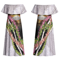 Hawaii Mokihana Mix Pikake Leis Mahalo 'Olelo Couples Matching Off Shoulder Maxi Dress and Hawaiian Shirt Black LT7 - Polynesian Pride