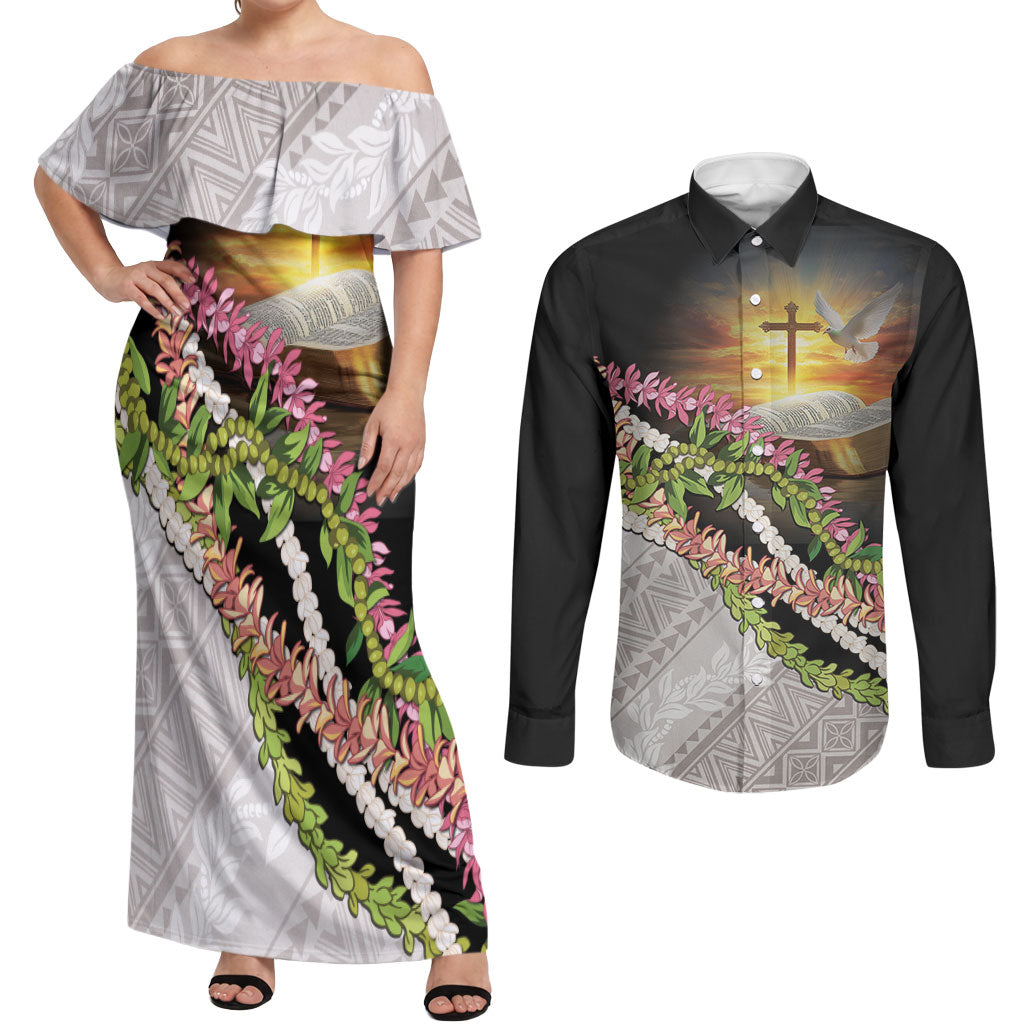 Hawaii Mokihana Mix Pikake Leis Mahalo 'Olelo Couples Matching Off Shoulder Maxi Dress and Long Sleeve Button Shirt Black LT7 Black - Polynesian Pride