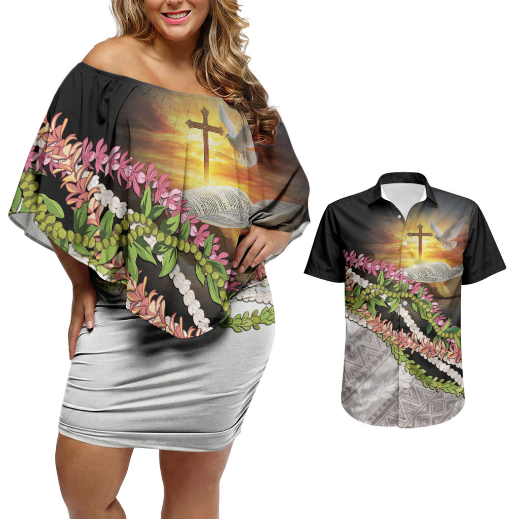 Hawaii Mokihana Mix Pikake Leis Mahalo 'Olelo Couples Matching Off Shoulder Short Dress and Hawaiian Shirt Black LT7 Black - Polynesian Pride