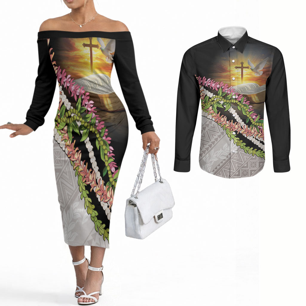 Hawaii Mokihana Mix Pikake Leis Mahalo 'Olelo Couples Matching Off The Shoulder Long Sleeve Dress and Long Sleeve Button Shirt Black LT7 Black - Polynesian Pride