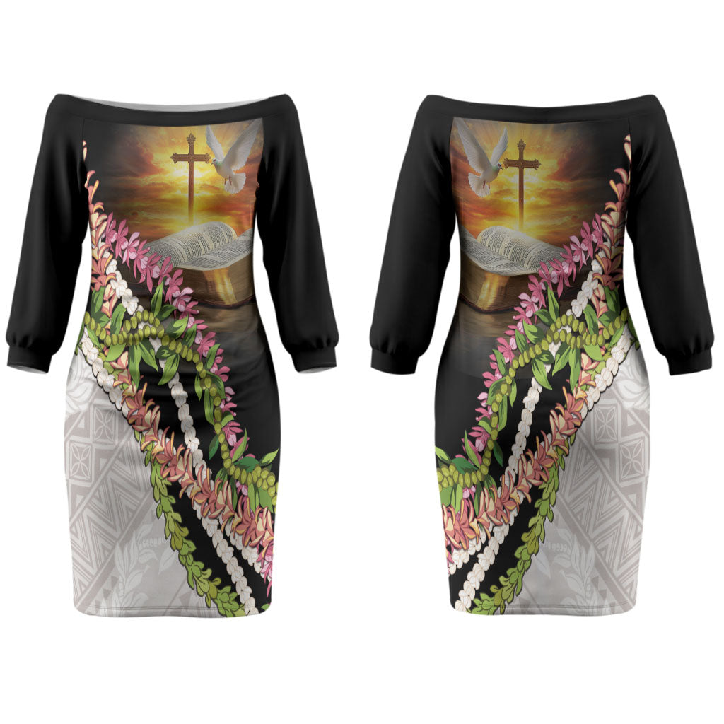 Hawaii Mokihana Mix Pikake Leis Mahalo 'Olelo Couples Matching Off The Shoulder Long Sleeve Dress and Long Sleeve Button Shirt Black LT7 - Polynesian Pride