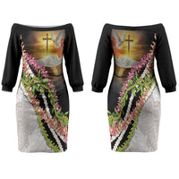Hawaii Mokihana Mix Pikake Leis Mahalo 'Olelo Couples Matching Off The Shoulder Long Sleeve Dress and Long Sleeve Button Shirt Black LT7 - Polynesian Pride