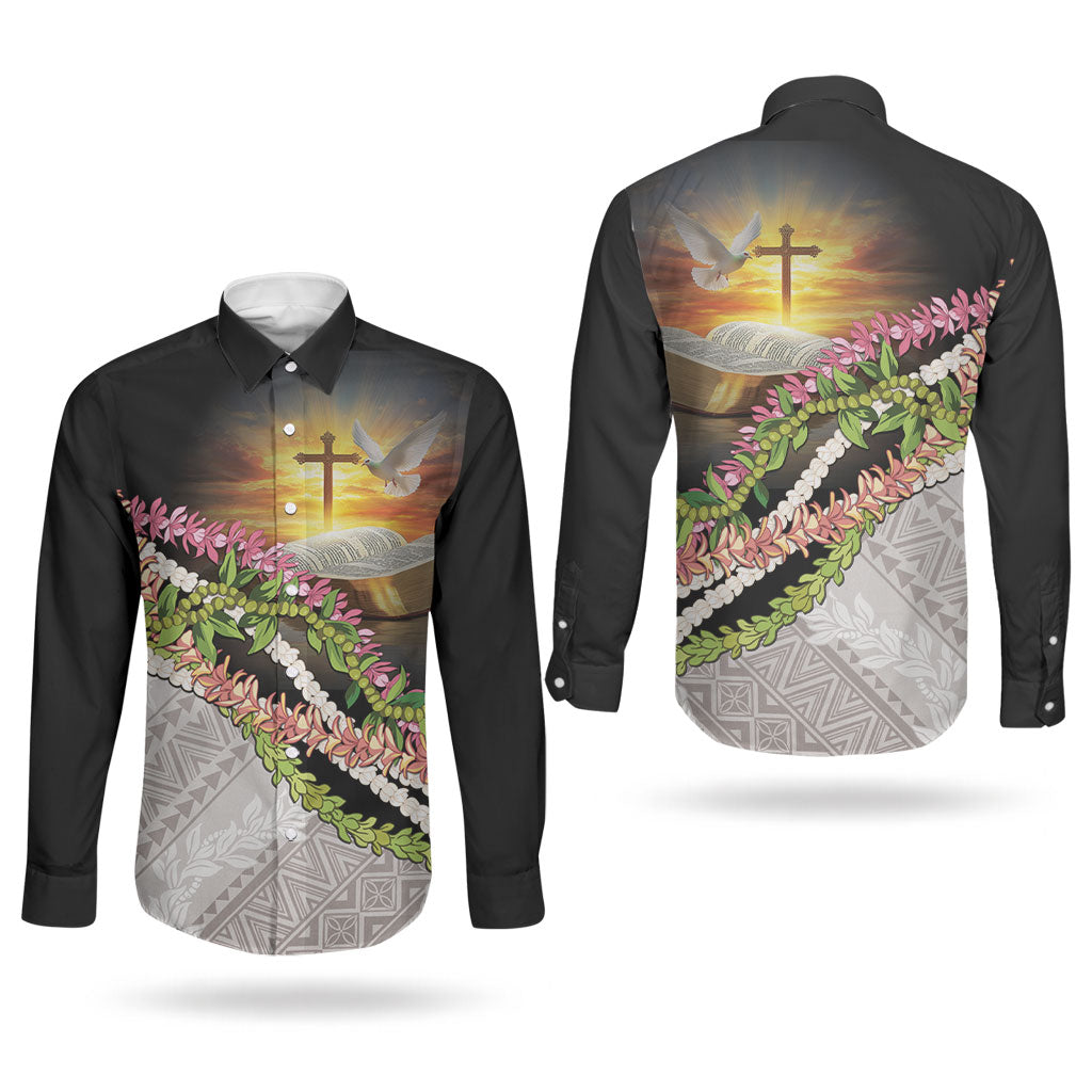 Hawaii Mokihana Mix Pikake Leis Mahalo 'Olelo Couples Matching Puletasi and Long Sleeve Button Shirt Black LT7 - Polynesian Pride