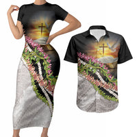 Hawaii Mokihana Mix Pikake Leis Mahalo 'Olelo Couples Matching Short Sleeve Bodycon Dress and Hawaiian Shirt Black LT7 Black - Polynesian Pride