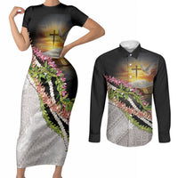 Hawaii Mokihana Mix Pikake Leis Mahalo 'Olelo Couples Matching Short Sleeve Bodycon Dress and Long Sleeve Button Shirt Black LT7 Black - Polynesian Pride