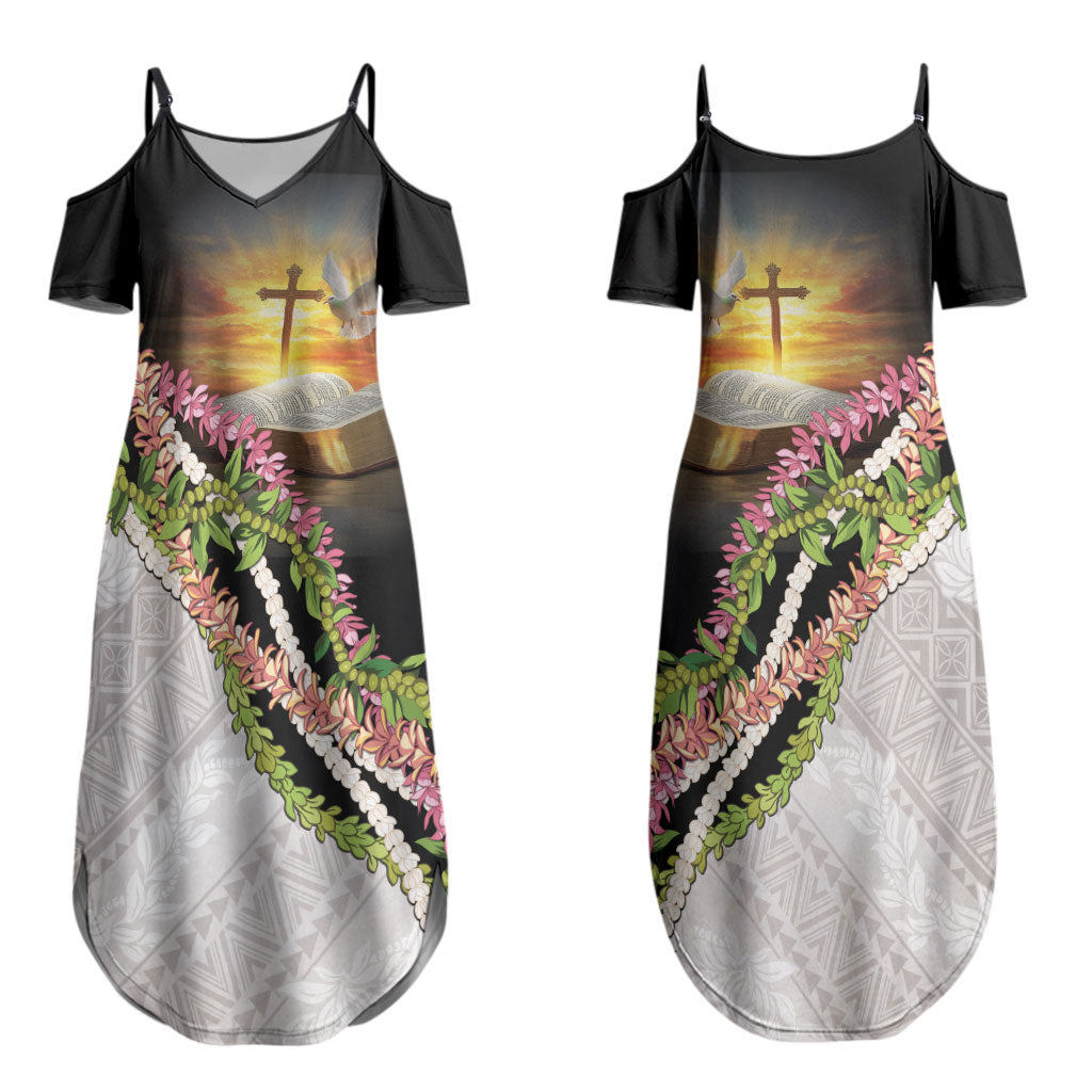 Hawaii Mokihana Mix Pikake Leis Mahalo 'Olelo Couples Matching Summer Maxi Dress and Long Sleeve Button Shirt Black LT7 - Polynesian Pride