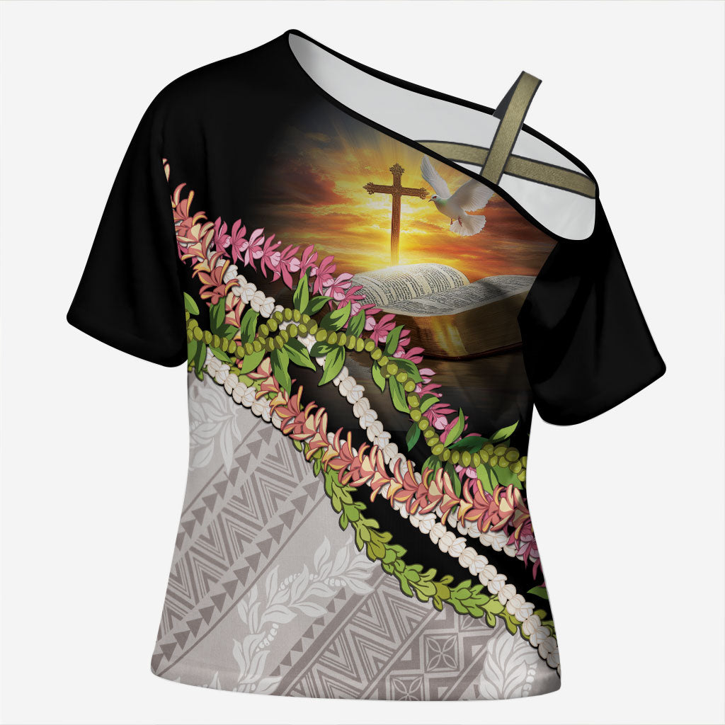 Hawaii Mokihana Mix Pikake Leis Mahalo 'Olelo Cross Shoulder Shirt Black LT7 Female Black - Polynesian Pride