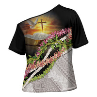 Hawaii Mokihana Mix Pikake Leis Mahalo 'Olelo Cross Shoulder Shirt Black LT7 - Polynesian Pride