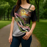 Hawaii Mokihana Mix Pikake Leis Mahalo 'Olelo Cross Shoulder Shirt Black LT7 - Polynesian Pride