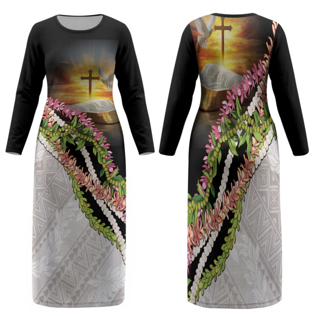 Hawaii Mokihana Mix Pikake Leis Mahalo 'Olelo Family Matching Long Sleeve Bodycon Dress and Hawaiian Shirt Black LT7 Mom's Dress Black - Polynesian Pride