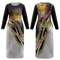 Hawaii Mokihana Mix Pikake Leis Mahalo 'Olelo Family Matching Long Sleeve Bodycon Dress and Hawaiian Shirt Black LT7 Mom's Dress Black - Polynesian Pride