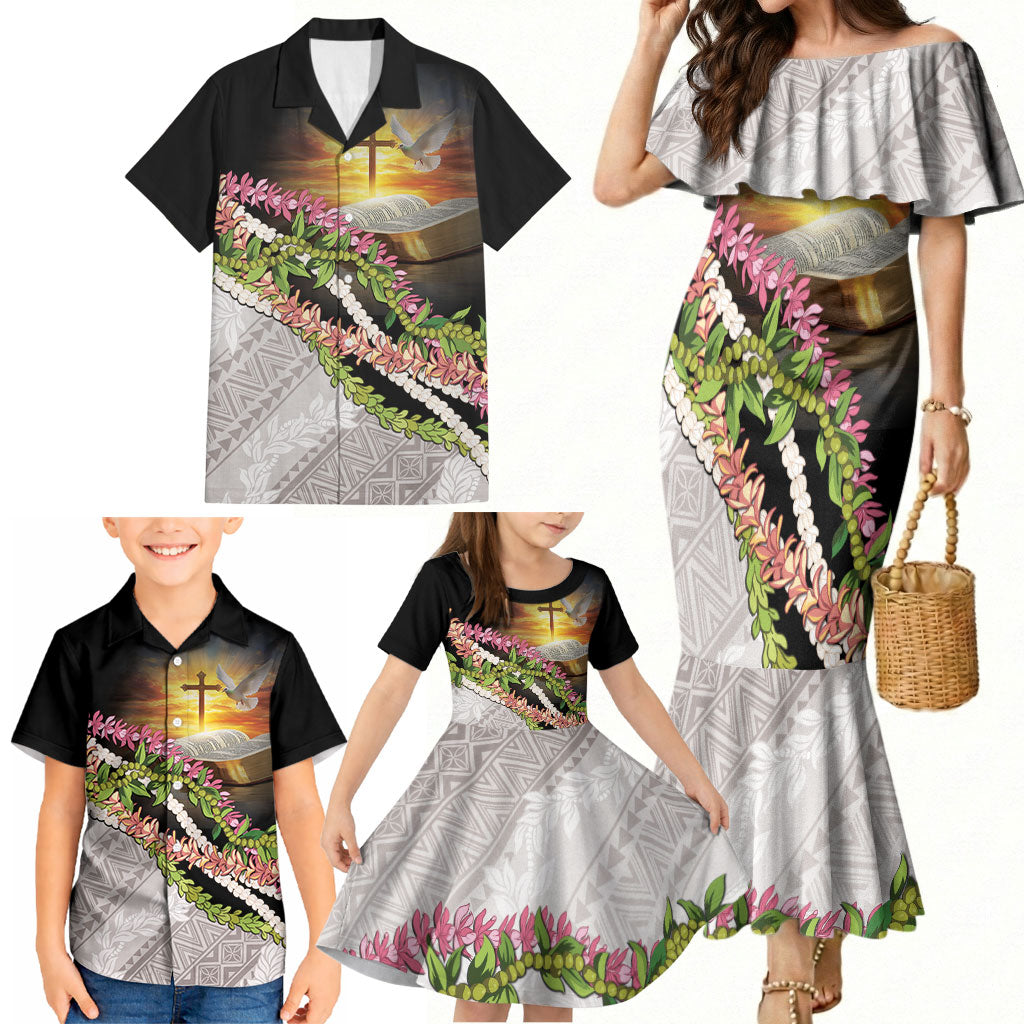Hawaii Mokihana Mix Pikake Leis Mahalo 'Olelo Family Matching Mermaid Dress and Hawaiian Shirt Black LT7 - Polynesian Pride