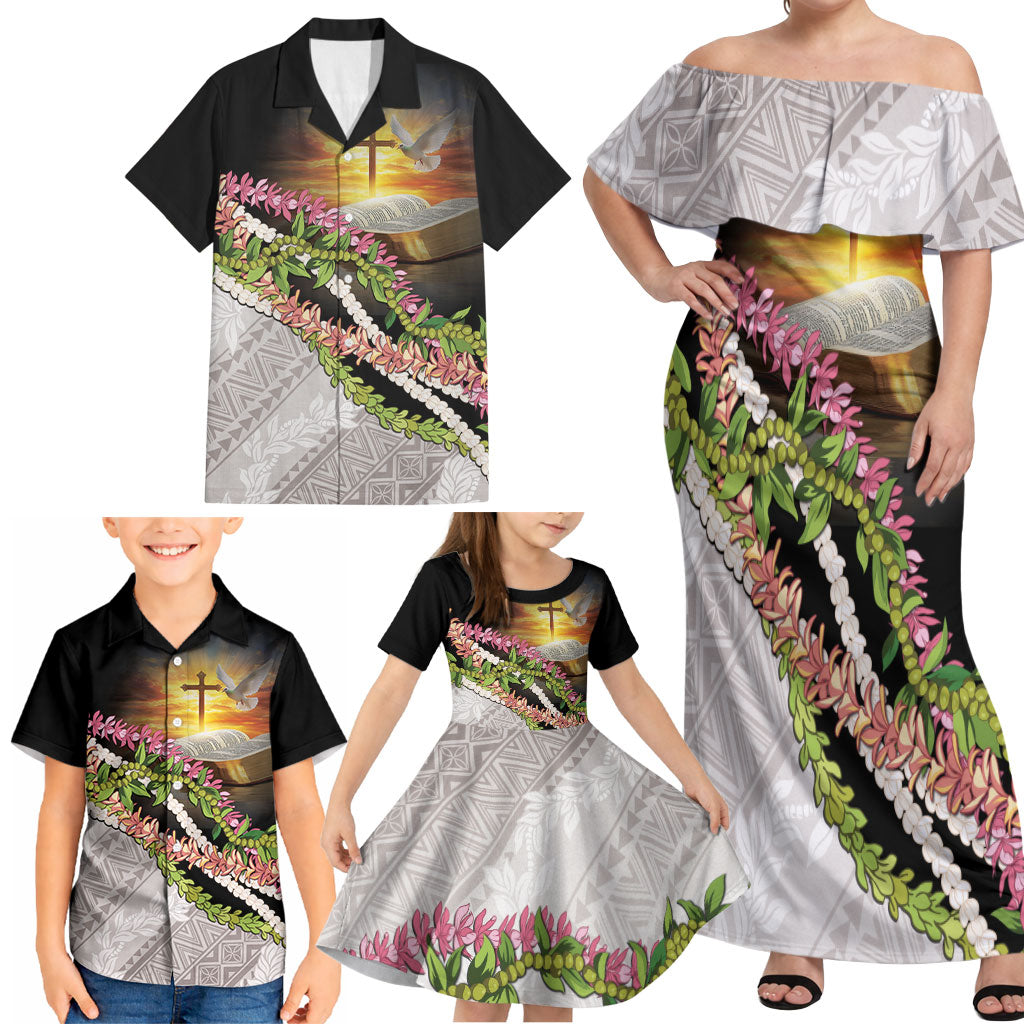 Hawaii Mokihana Mix Pikake Leis Mahalo 'Olelo Family Matching Off Shoulder Maxi Dress and Hawaiian Shirt Black LT7 - Polynesian Pride