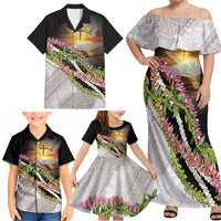 Hawaii Mokihana Mix Pikake Leis Mahalo 'Olelo Family Matching Off Shoulder Maxi Dress and Hawaiian Shirt Black LT7 - Polynesian Pride