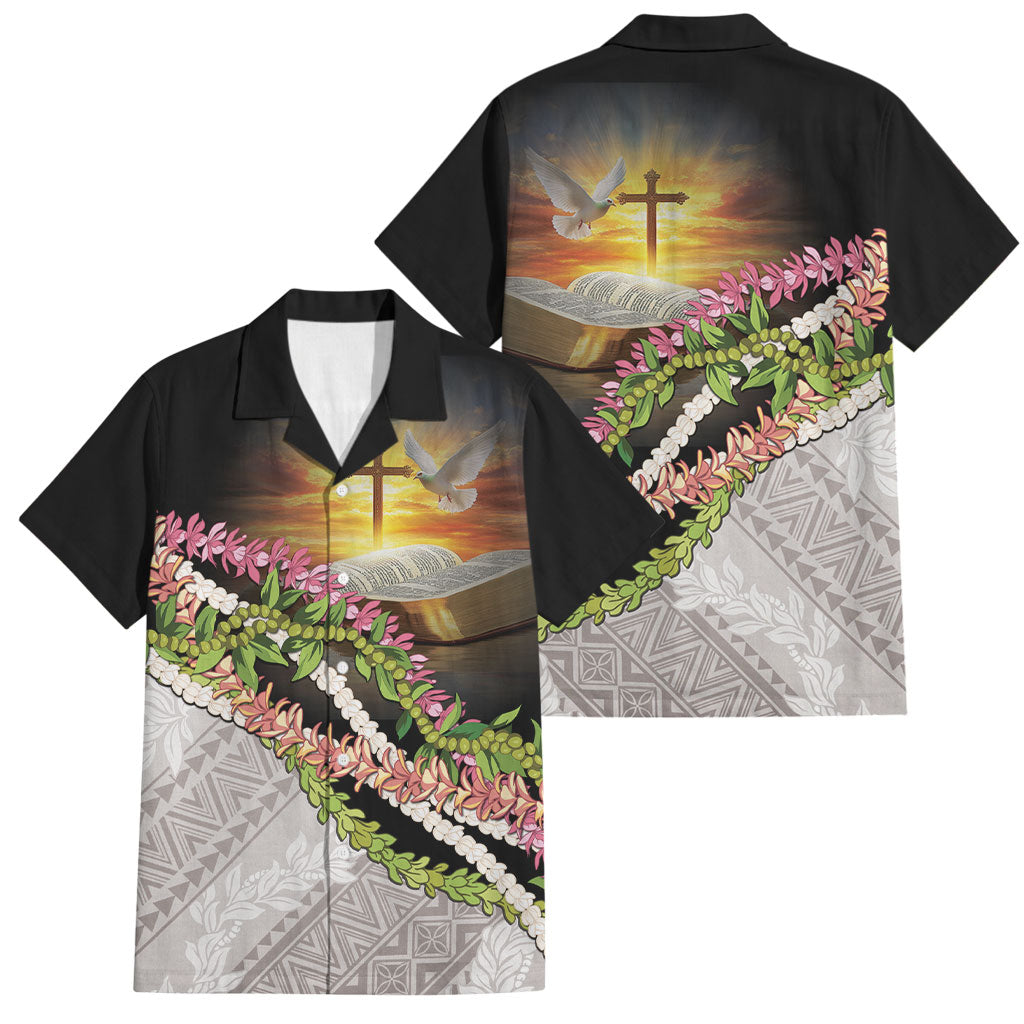 Hawaii Mokihana Mix Pikake Leis Mahalo 'Olelo Family Matching Off Shoulder Maxi Dress and Hawaiian Shirt Black LT7 Dad's Shirt - Short Sleeve Black - Polynesian Pride