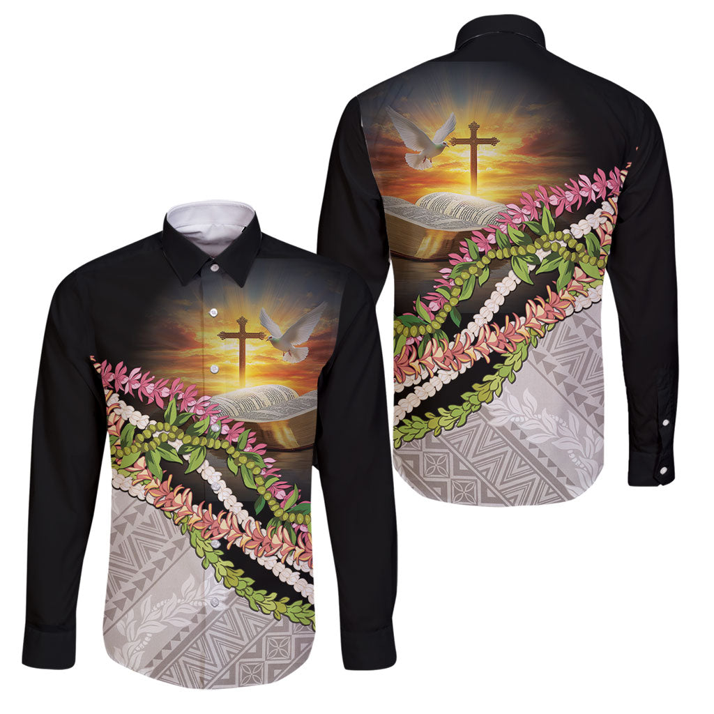Hawaii Mokihana Mix Pikake Leis Mahalo 'Olelo Family Matching Off Shoulder Maxi Dress and Hawaiian Shirt Black LT7 Dad's Shirt - Long Sleeve Black - Polynesian Pride