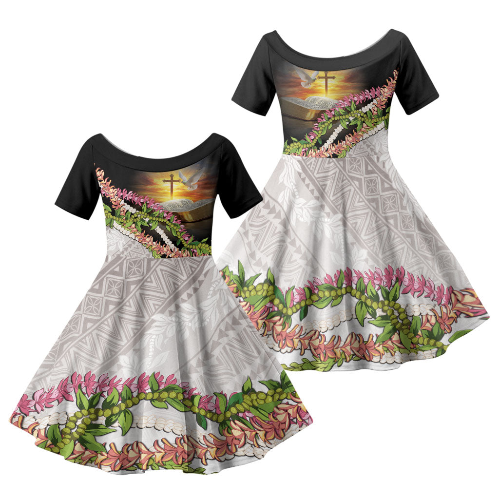 Hawaii Mokihana Mix Pikake Leis Mahalo 'Olelo Family Matching Puletasi and Hawaiian Shirt Black LT7 Daughter's Dress Black - Polynesian Pride