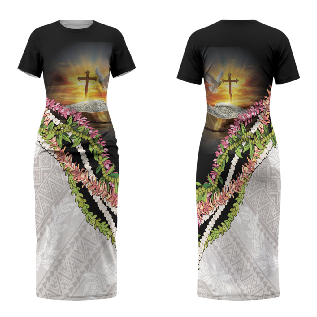 Hawaii Mokihana Mix Pikake Leis Mahalo 'Olelo Family Matching Short Sleeve Bodycon Dress and Hawaiian Shirt Black LT7 Mom's Dress Black - Polynesian Pride