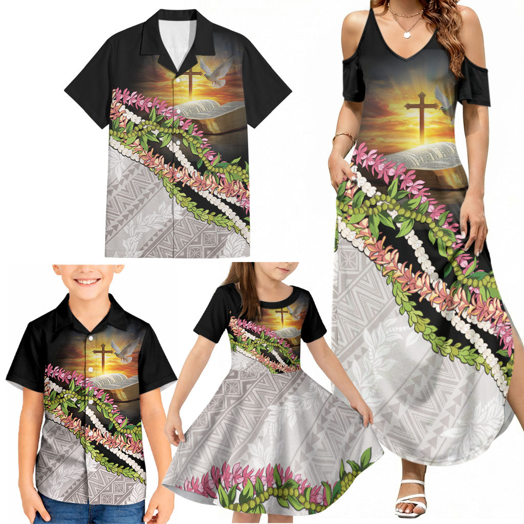 Hawaii Mokihana Mix Pikake Leis Mahalo 'Olelo Family Matching Summer Maxi Dress and Hawaiian Shirt Black LT7 - Polynesian Pride