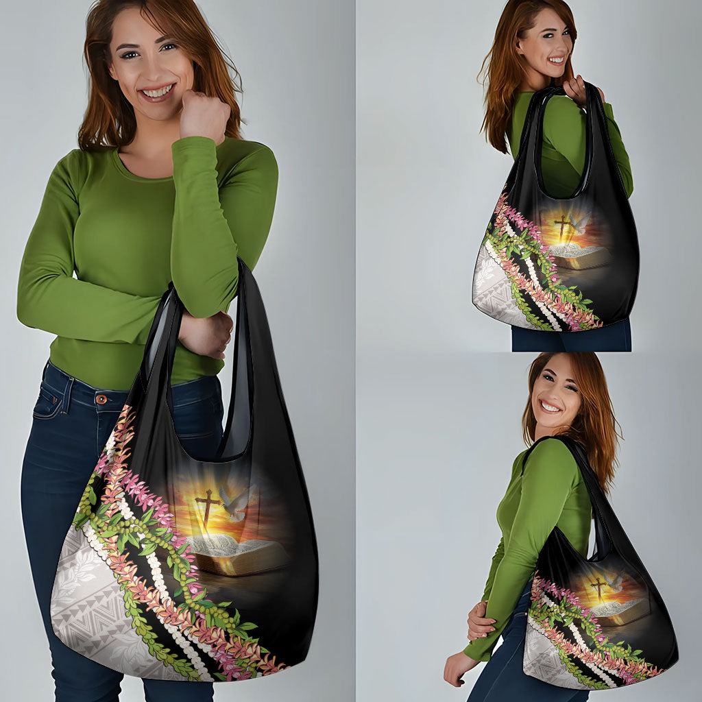 Hawaii Mokihana Mix Pikake Leis Mahalo 'Olelo Grocery Bag Black LT7 - Polynesian Pride