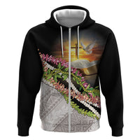 Hawaii Mokihana Mix Pikake Leis Mahalo 'Olelo Hoodie Black LT7 Zip Hoodie Black - Polynesian Pride