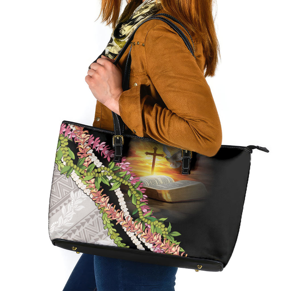 Hawaii Mokihana Mix Pikake Leis Mahalo 'Olelo Leather Tote Bag Black LT7 Black - Polynesian Pride