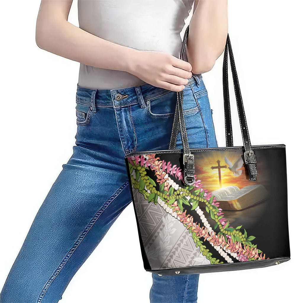 Hawaii Mokihana Mix Pikake Leis Mahalo 'Olelo Leather Tote Bag Black LT7 - Polynesian Pride