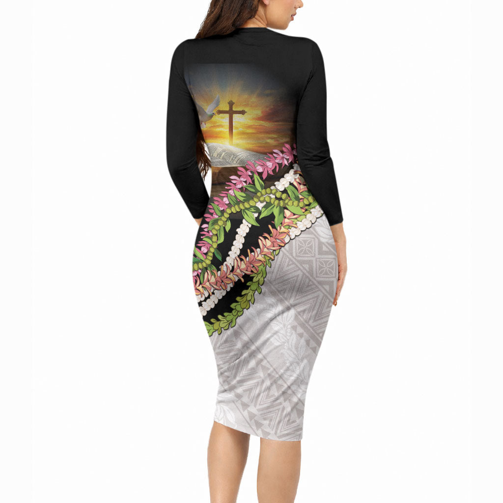 Hawaii Mokihana Mix Pikake Leis Mahalo 'Olelo Long Sleeve Bodycon Dress Black LT7 - Polynesian Pride