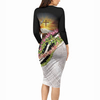 Hawaii Mokihana Mix Pikake Leis Mahalo 'Olelo Long Sleeve Bodycon Dress Black LT7 - Polynesian Pride