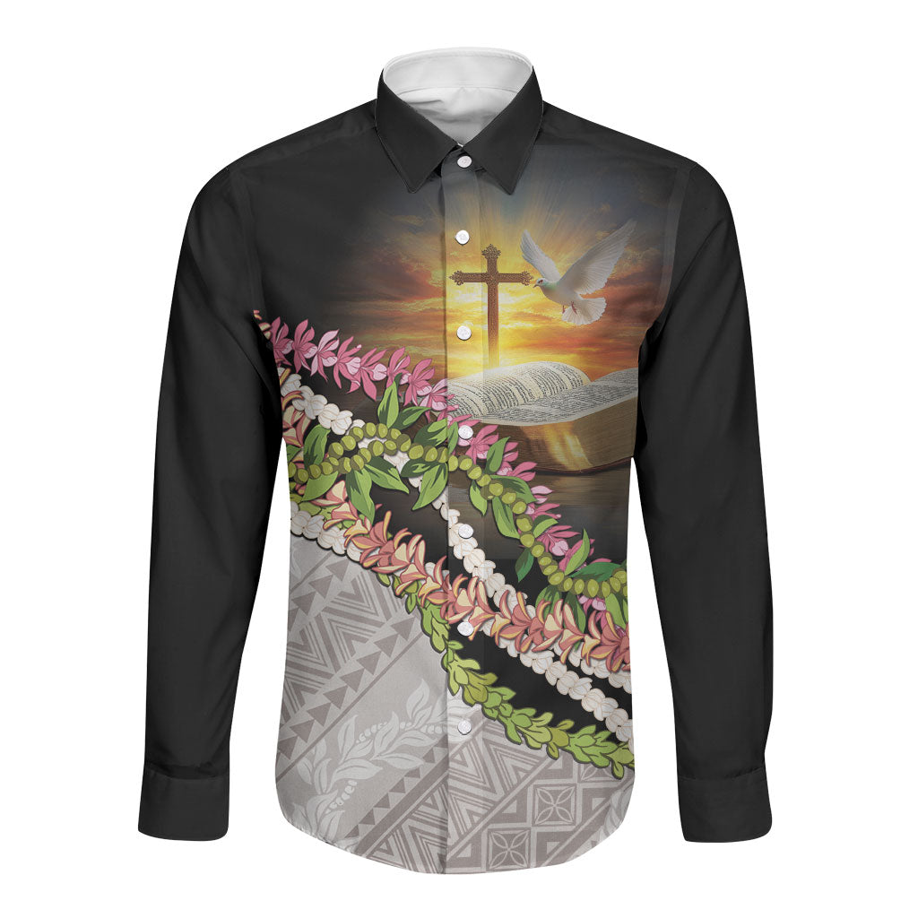 Hawaii Mokihana Mix Pikake Leis Mahalo 'Olelo Long Sleeve Button Shirt Black LT7 Unisex Black - Polynesian Pride