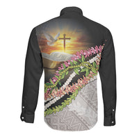 Hawaii Mokihana Mix Pikake Leis Mahalo 'Olelo Long Sleeve Button Shirt Black LT7 - Polynesian Pride