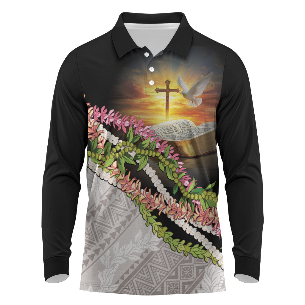Hawaii Mokihana Mix Pikake Leis Mahalo 'Olelo Long Sleeve Polo Shirt Black LT7 Black - Polynesian Pride