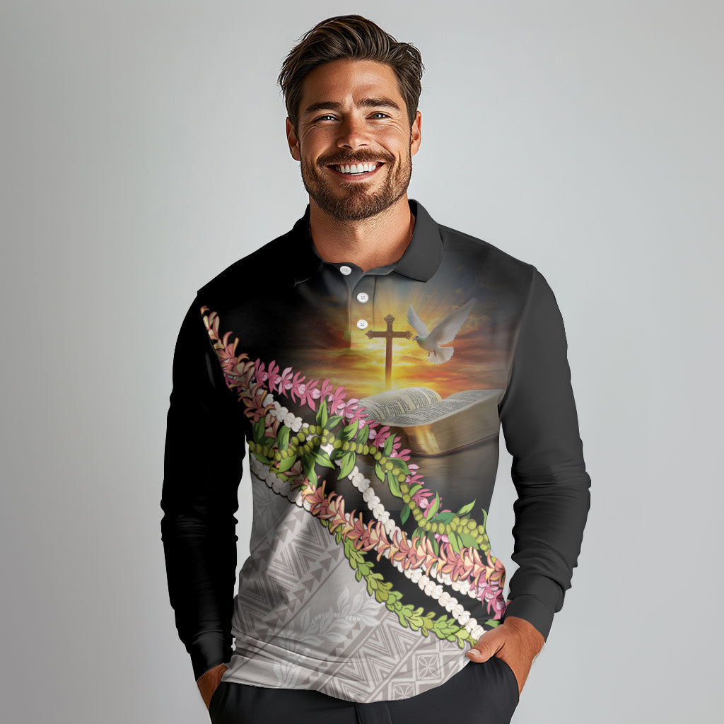 Hawaii Mokihana Mix Pikake Leis Mahalo 'Olelo Long Sleeve Polo Shirt Black LT7 - Polynesian Pride