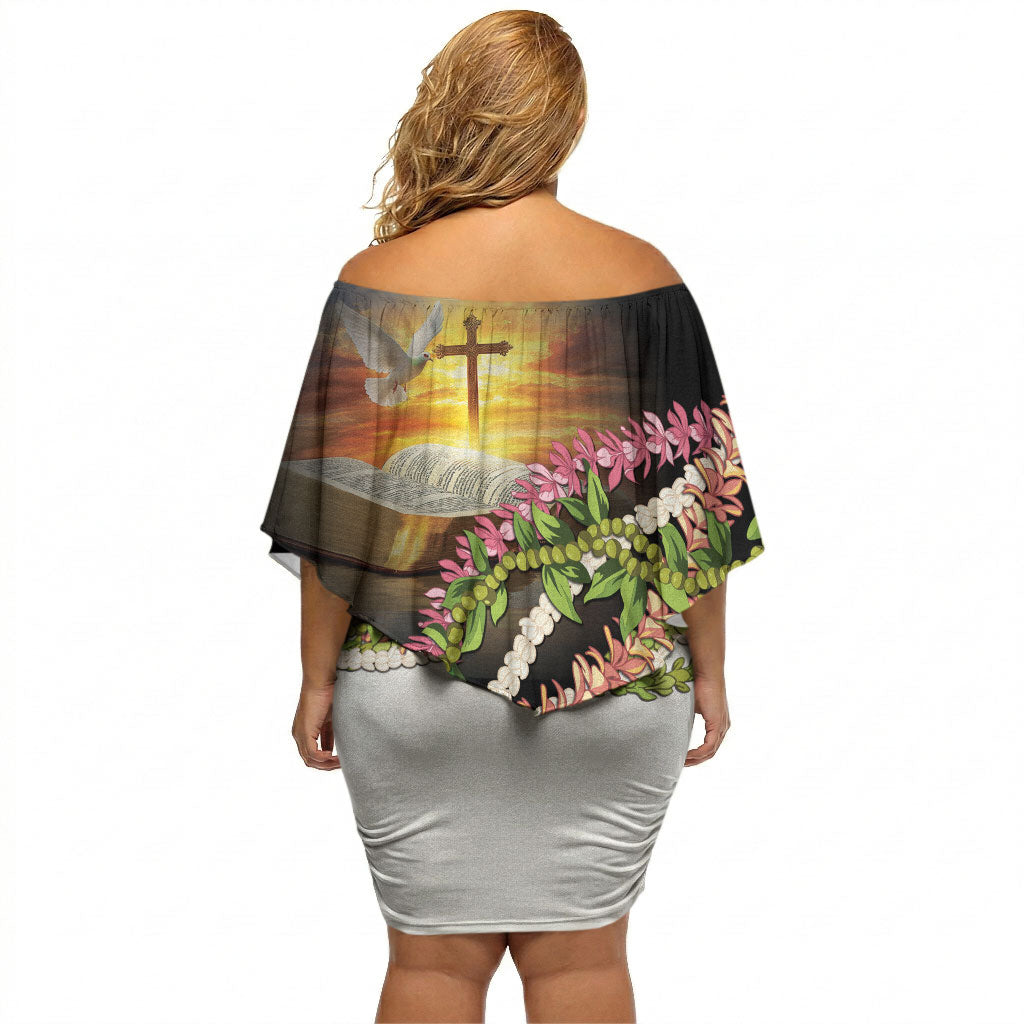 Hawaii Mokihana Mix Pikake Leis Mahalo 'Olelo Off Shoulder Short Dress Black LT7 - Polynesian Pride