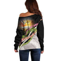 Hawaii Mokihana Mix Pikake Leis Mahalo 'Olelo Off Shoulder Sweater Black LT7 - Polynesian Pride