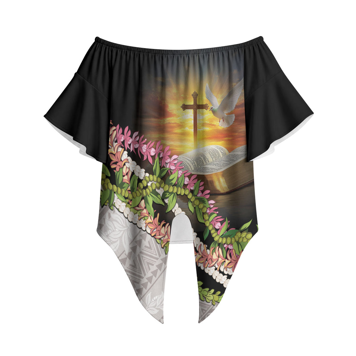 Hawaii Mokihana Mix Pikake Leis Mahalo 'Olelo Off Shoulder Wrap Waist Top Black LT7 - Polynesian Pride