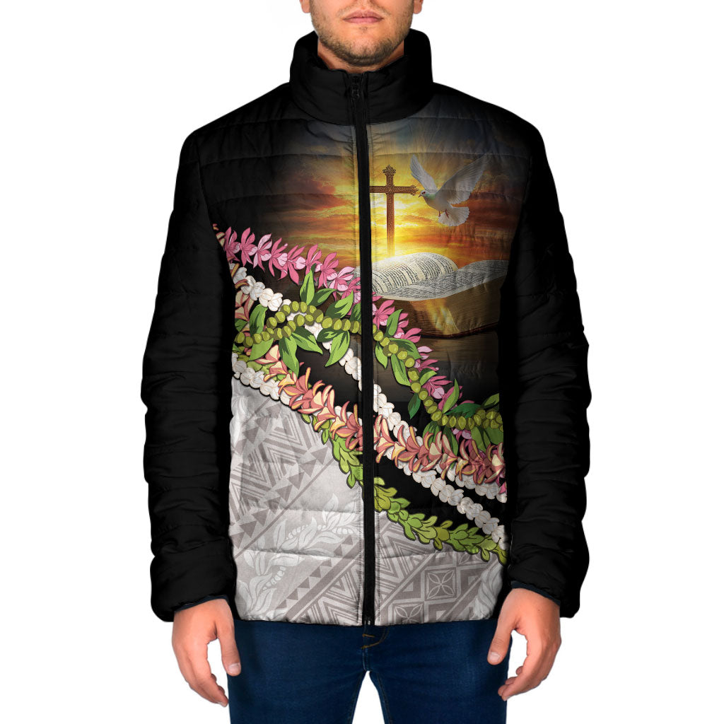 Hawaii Mokihana Mix Pikake Leis Mahalo 'Olelo Padded Jacket Black LT7 Men Black - Polynesian Pride