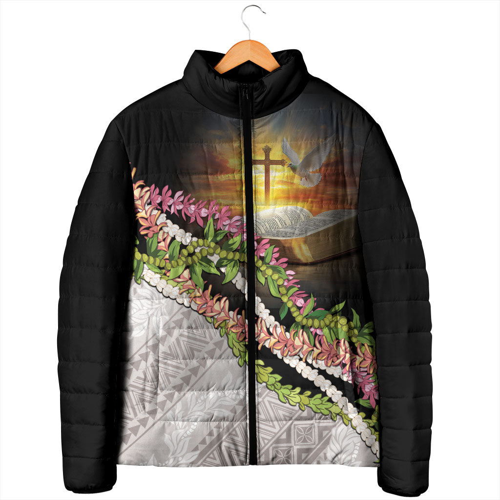 Hawaii Mokihana Mix Pikake Leis Mahalo 'Olelo Padded Jacket Black LT7 - Polynesian Pride