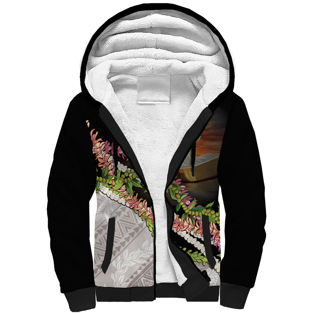 Hawaii Mokihana Mix Pikake Leis Mahalo 'Olelo Sherpa Hoodie Black LT7 Unisex Black - Polynesian Pride
