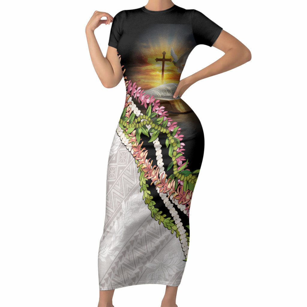 Hawaii Mokihana Mix Pikake Leis Mahalo 'Olelo Short Sleeve Bodycon Dress Black LT7 Long Dress Black - Polynesian Pride
