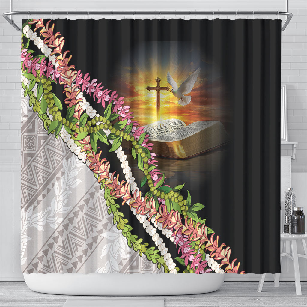 Hawaii Mokihana Mix Pikake Leis Mahalo 'Olelo Shower Curtain Black LT7 - Polynesian Pride