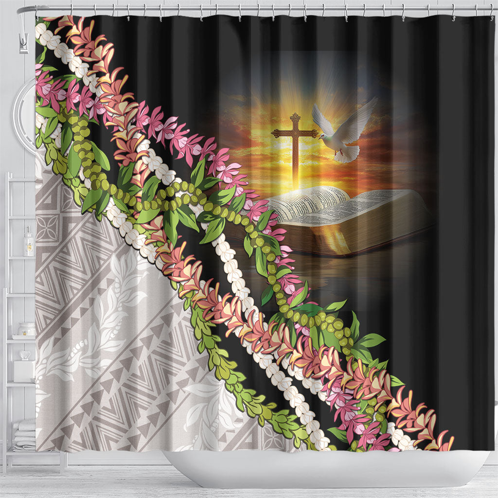 Hawaii Mokihana Mix Pikake Leis Mahalo 'Olelo Shower Curtain Black LT7 - Polynesian Pride