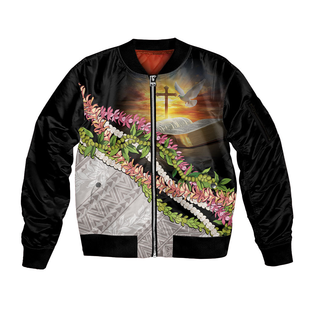 Hawaii Mokihana Mix Pikake Leis Mahalo 'Olelo Sleeve Zip Bomber Jacket Black LT7 Unisex Black - Polynesian Pride