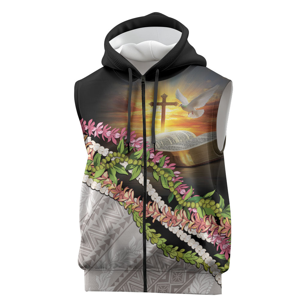 Hawaii Mokihana Mix Pikake Leis Mahalo 'Olelo Sleeveless Zip Hoodie Black LT7 Black - Polynesian Pride