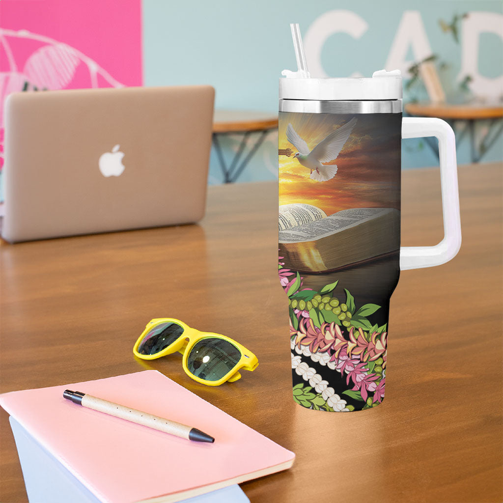 Hawaii Mokihana Mix Pikake Leis Mahalo 'Olelo Tumbler With Handle Black LT7 - Polynesian Pride