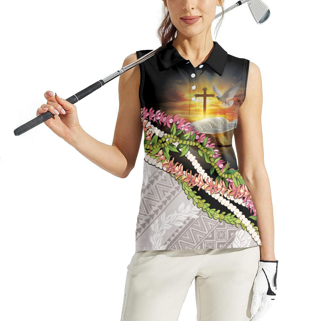 Hawaii Mokihana Mix Pikake Leis Mahalo 'Olelo Women Sleeveless Polo Shirt Black LT7 - Polynesian Pride